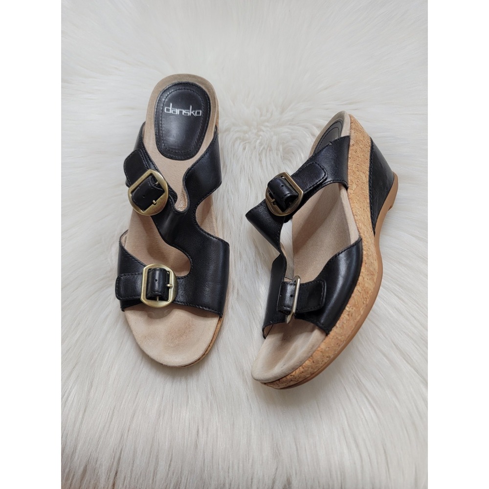 Dansko Carla Black Leather Wedge Sandals Strappy Buckle Slide Women's Size 38